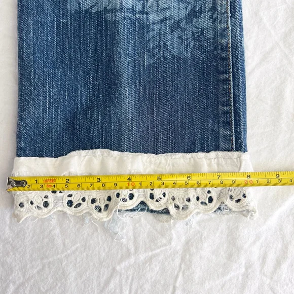 Upcycled One Of A Kind Bleahed Patchwork Jeans Wrangler Size 5/6 32 Boho Western - Picture 10 of 13